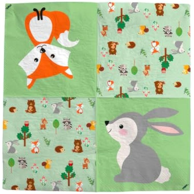 FOREST ANIMALS NAPKINS FOR CHILDREN'S BIRTHDAY PARTIES WITH FOX AND RABBIT 20 PIECES 33 X 33 CM MADE IN EUROPE - Image 1